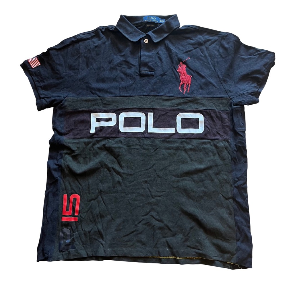 Polo Ralph Lauren Mens XL Custom Slim Fit Colorblock Polo Shirt Navy Green P-15